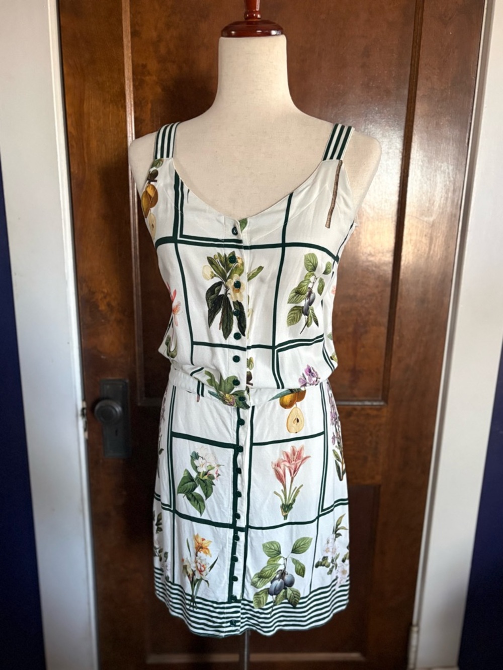 Peepou Floral Botanical Grid Print Button-Down Mini Dress Farmers Market